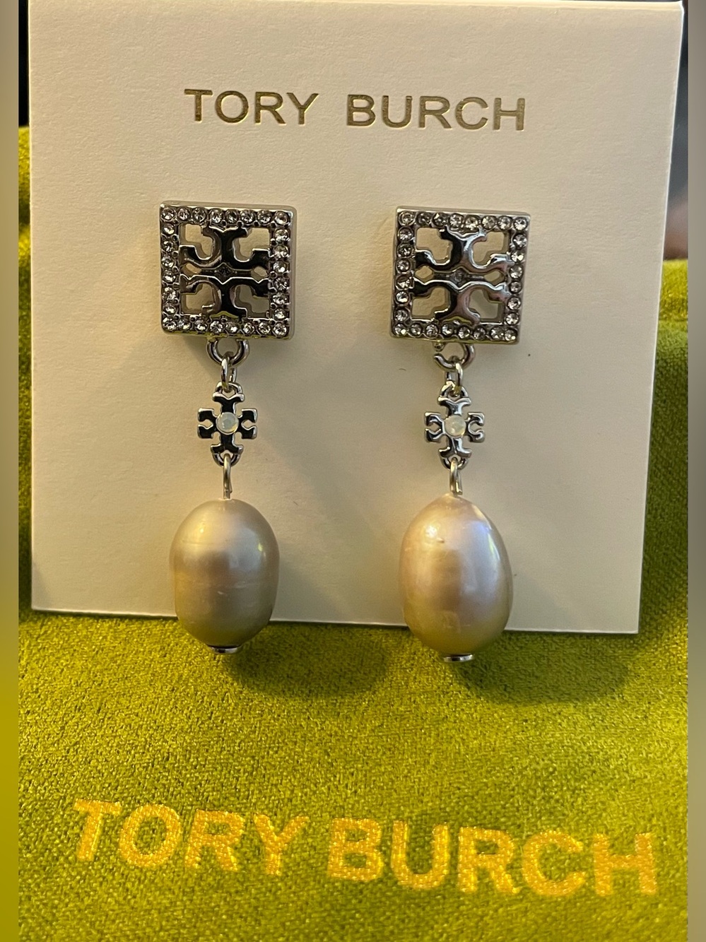 Tory Burch Silver-Tone Crystal and Silver Pearl Drop Earrings